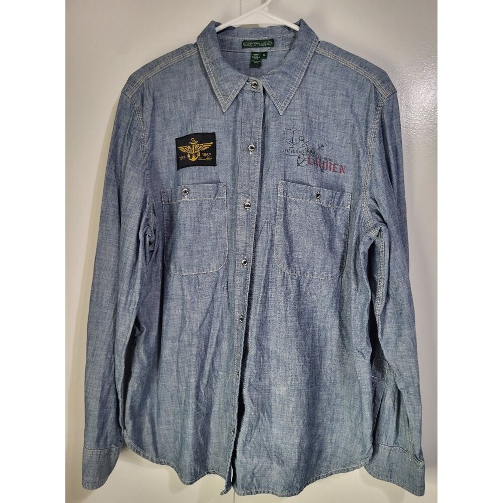 Ralph Lauren Jeans Co. Chambray Denim Shirt Anchor Nautical Logos Womens XL y2k - Picture 2 of 8